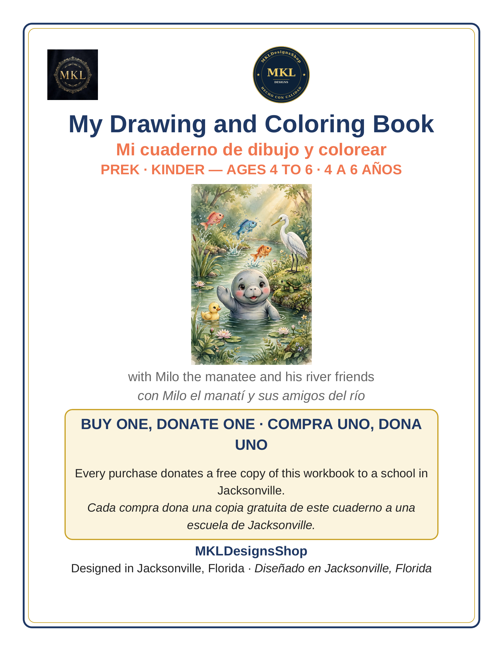 Cuaderno de dibujo y colorear PreK y Kínder con Milo el manatí