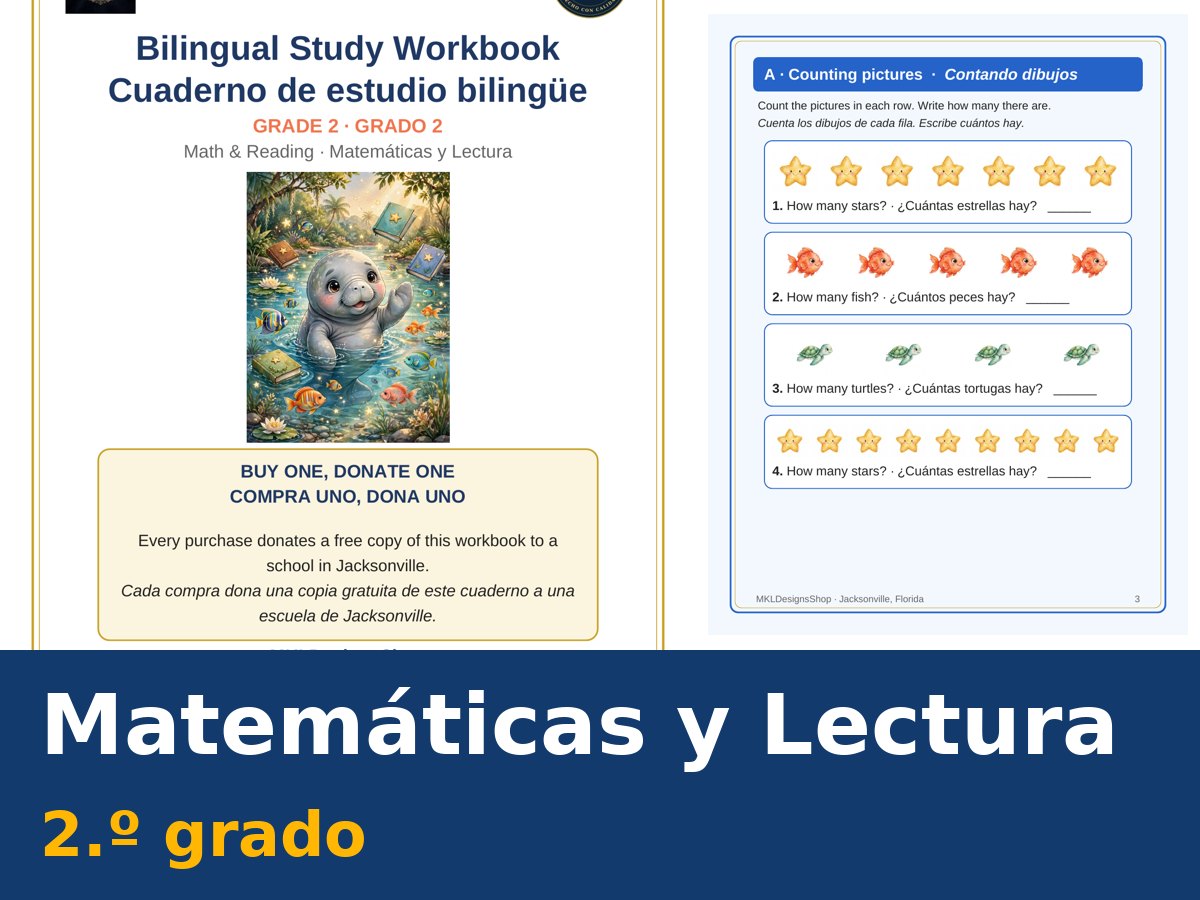 Cuaderno de estudio bilingüe de segundo grado, matemáticas y lectura