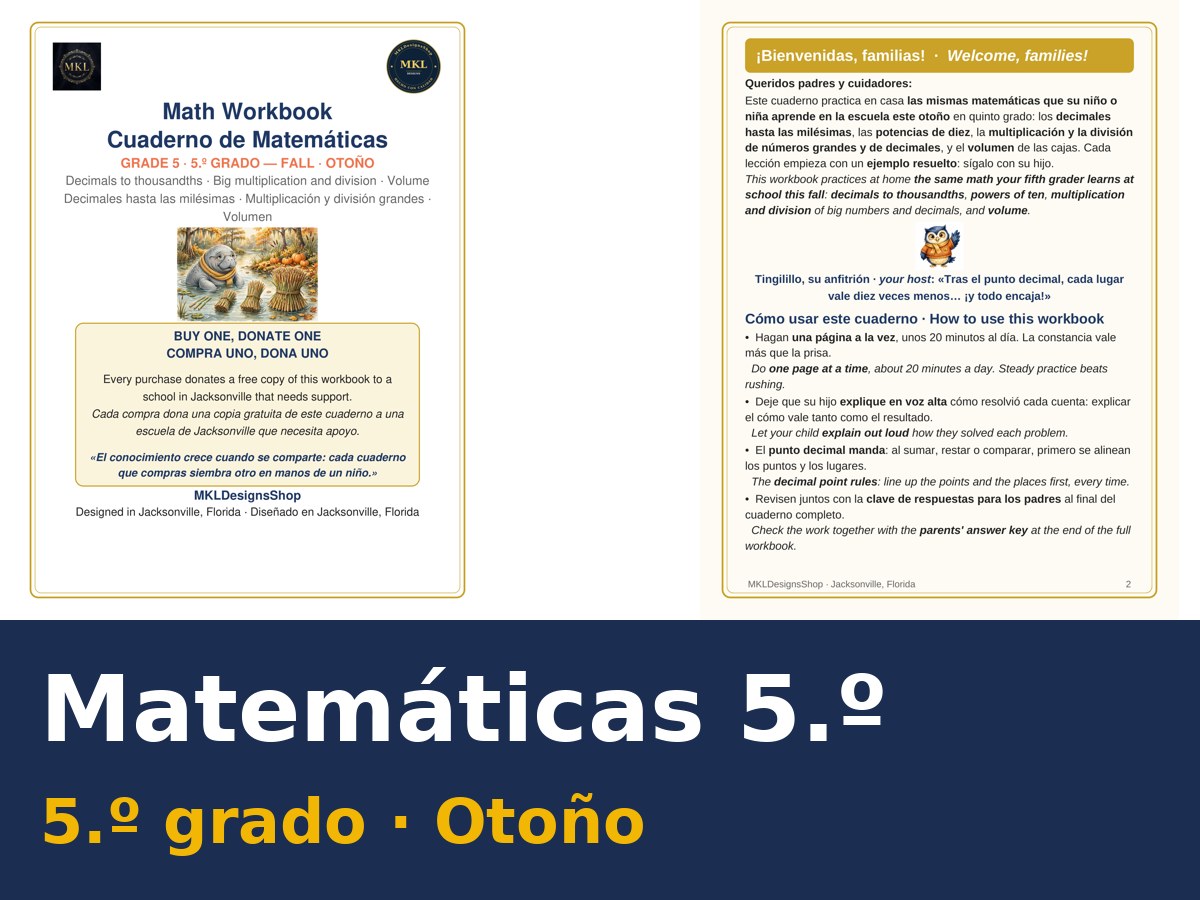 Cuaderno bilingüe de Matemáticas de quinto grado, edición de otoño