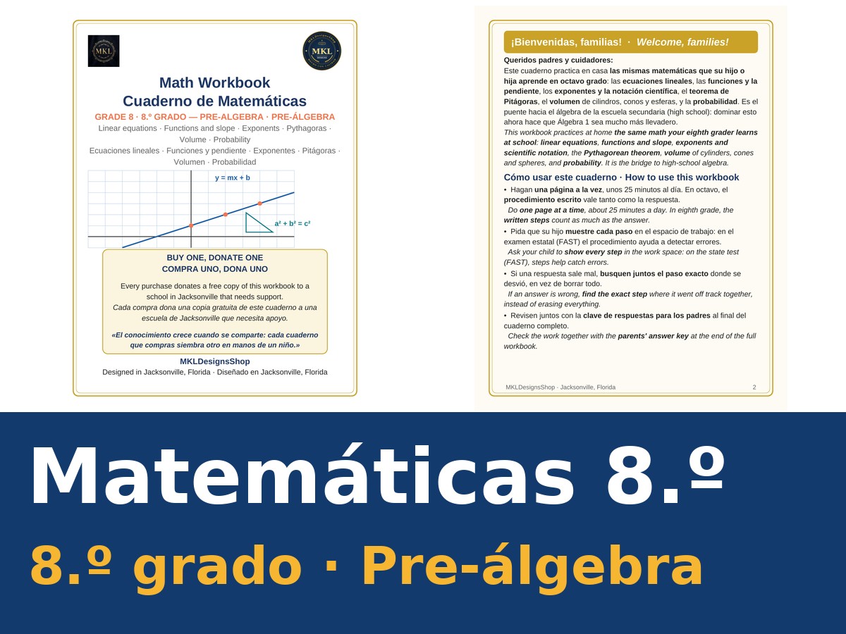 Cuaderno bilingüe de Matemáticas de octavo grado, pre-álgebra